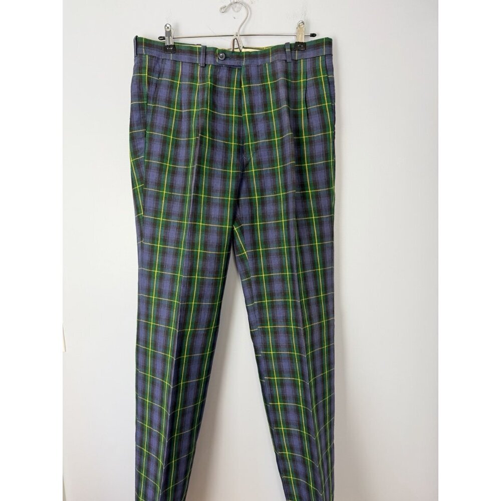 Deadstock Tattersale Ltd Linen Golf Pants Size 34 Green Plaid Trousers Slacks